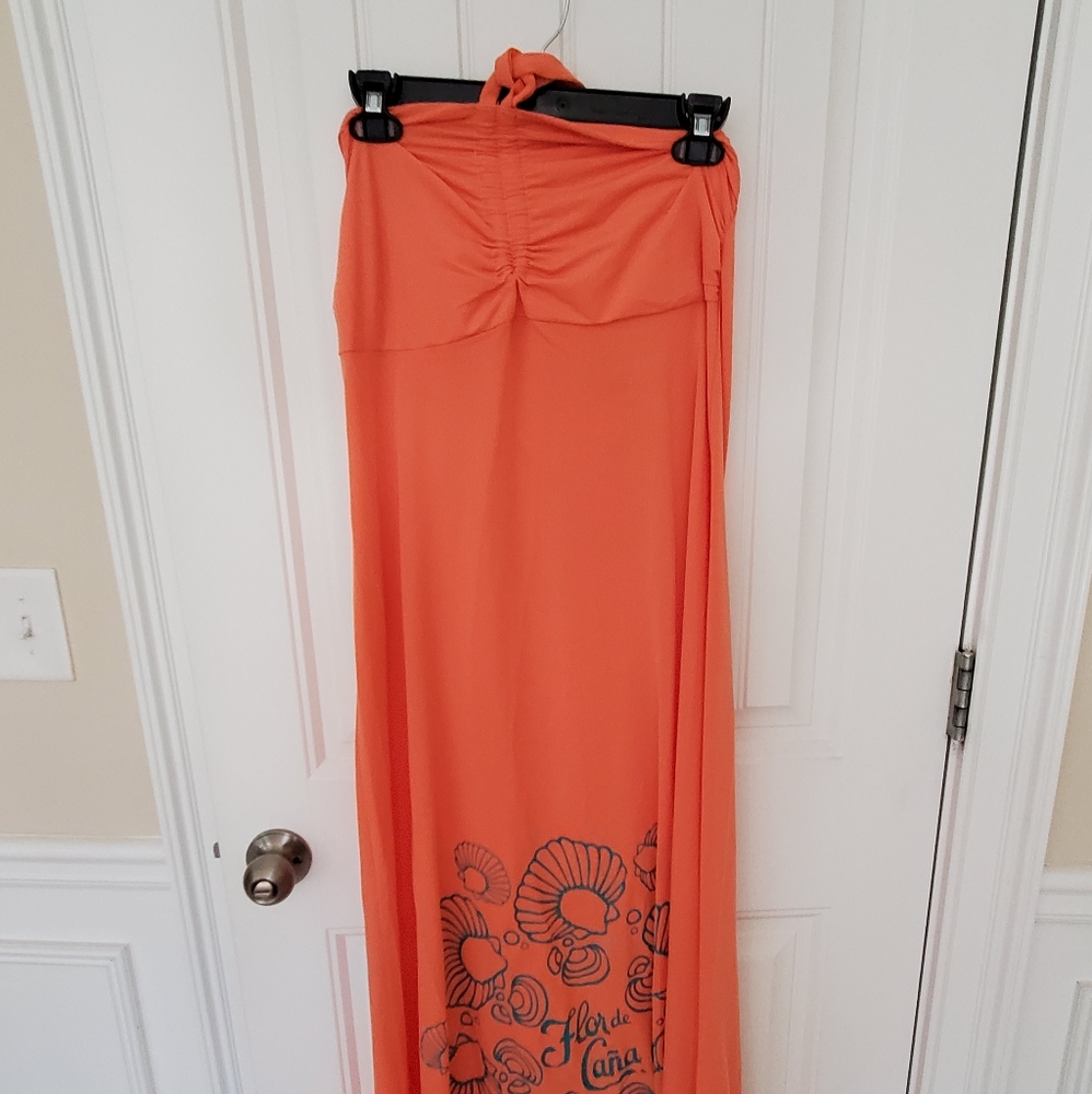 Flora de Cana Peach/Orange Strapless w ties Maxi Dress Size Large